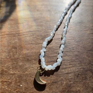 Gold Crescent Moon White Beaded Choker